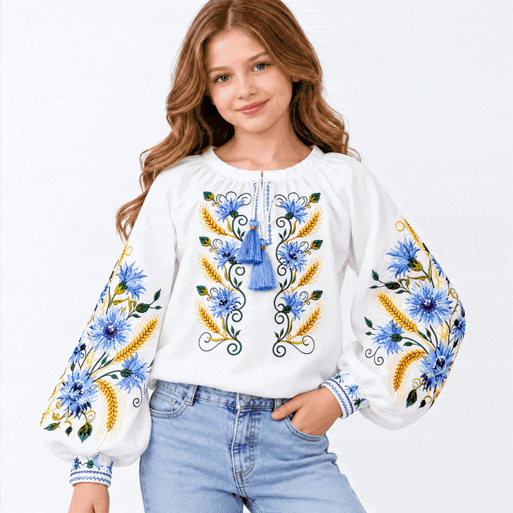 Girl’s white Ukrainian vyshyvanka blouse with blue cornflower and golden wheat embroidery and blue tassels