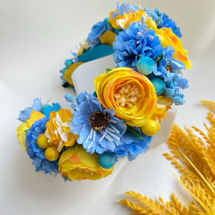 Handmade head wreath in blue and yellow colors