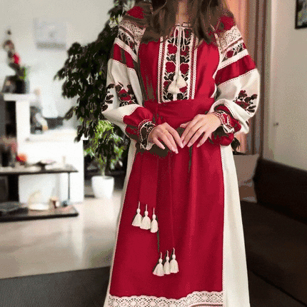 Linen dress in Ukrainian style with embroidery and lace