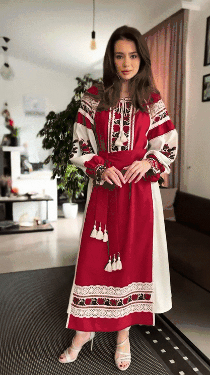 Linen dress in Ukrainian style with embroidery and lace