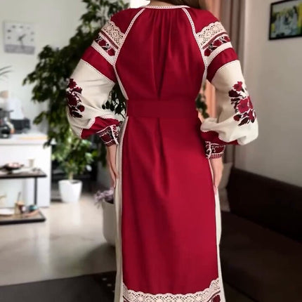 Linen dress in Ukrainian style with embroidery and lace