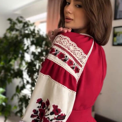 Linen dress in Ukrainian style with embroidery and lace