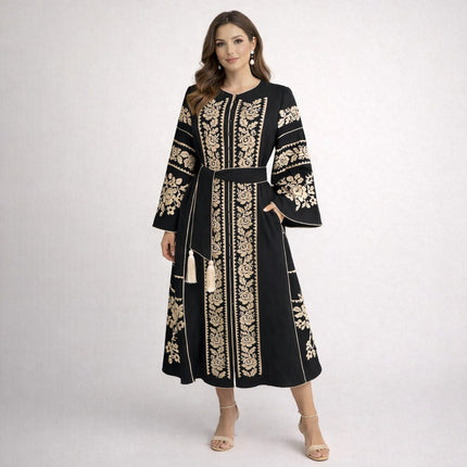 Luxury Black Linen Embroidered Dress — Designer Vyshyvanka with Gold-Beige Embroidery