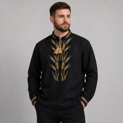 Men’s Vyshyvanka Shirt with Gold Wheat Embroidery – Ukrainian Embroidered Shirt