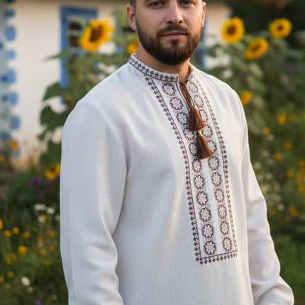Men’s Linen Vyshyvanka Shirt with Brown Embroidery