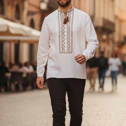 Men’s Linen Vyshyvanka Shirt with Brown Embroidery