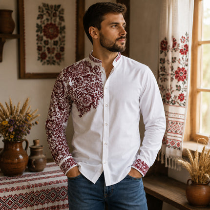 Men’s Ukrainian Embroidered Shirt – White with Embroidery