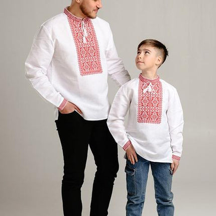 Men's Ukrainian Vyshyvanka Shirt – White Cotton with Red Embroidery