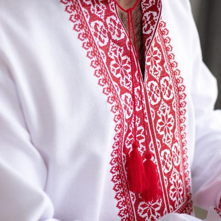 Men's Ukrainian Vyshyvanka Shirt – White Cotton with Red Embroidery