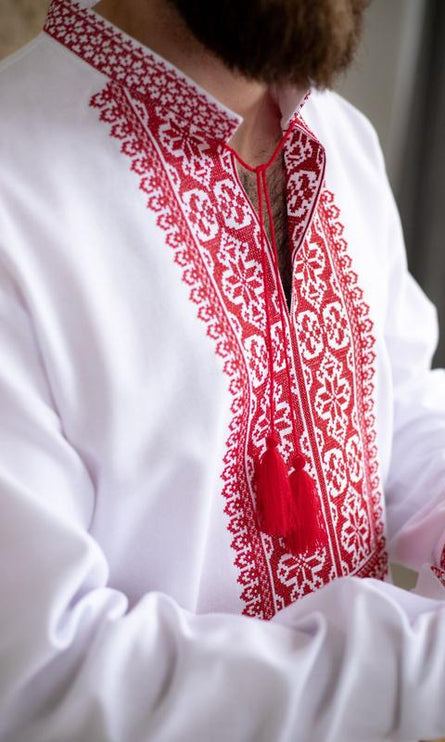 Men's Ukrainian Vyshyvanka Shirt – White Cotton with Red Embroidery