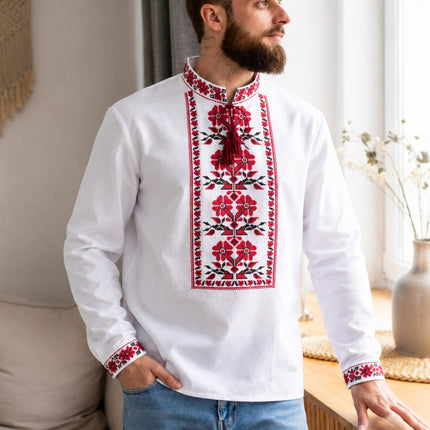 Men’s Ukrainian Vyshyvanka White Shirt with Red & Black Embroider