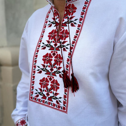 Men’s Ukrainian Vyshyvanka White Shirt with Red & Black Embroider