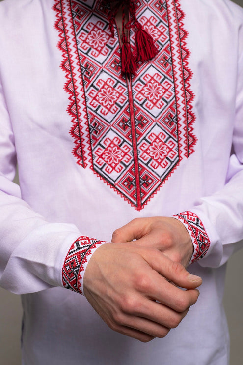 Men’s Ukrainian vyshyvanka shirt with red and black geometric embroidery