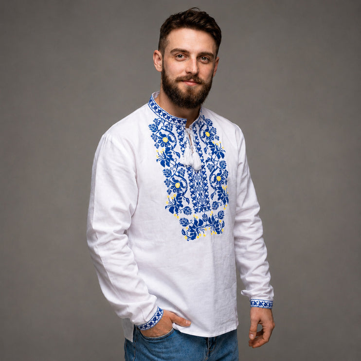 Men's Vyshyvanka with Blue Embroidery Pattern