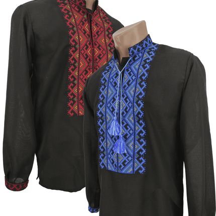 Men's embroidered jacket of black color with Harmony ornament with blue and red ornament