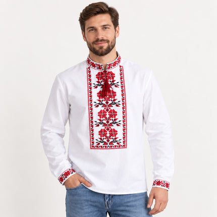 Men’s Ukrainian Vyshyvanka White Shirt with Red & Black Embroider