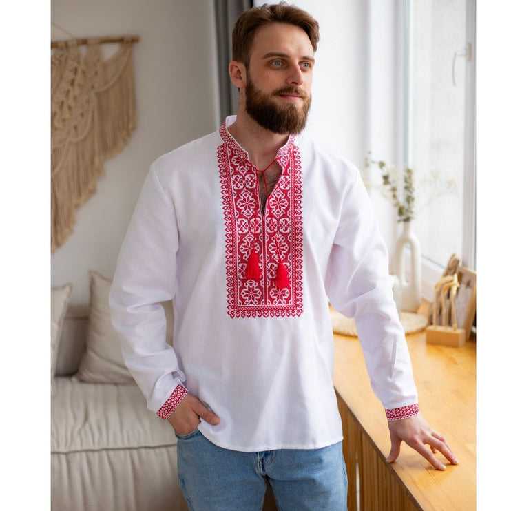 Men's Ukrainian vyshyvanka shirt – white cotton with red embroidery