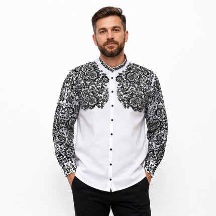 Men's White Ukrainian Vyshyvanka with Black Floral Embroidery