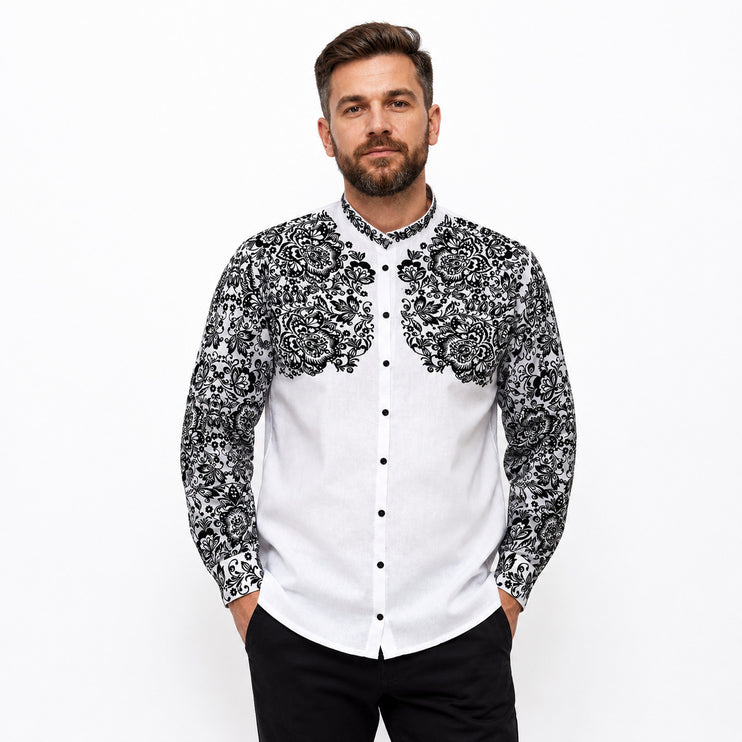 Men's White Ukrainian Vyshyvanka with Black Floral Embroidery