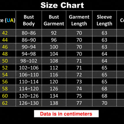 Size chart for men’s vyshyvanka shirts with chest, length, sleeve, collar and shoulder measurements