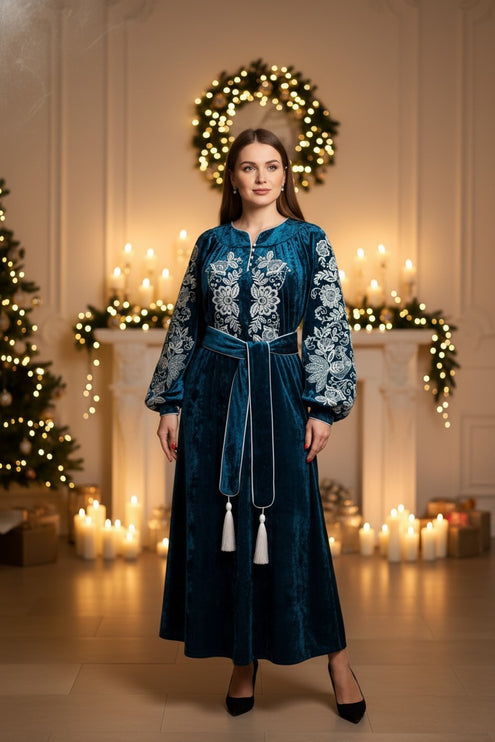 Teal Velvet Vyshyvanka Dress with White Embroidery