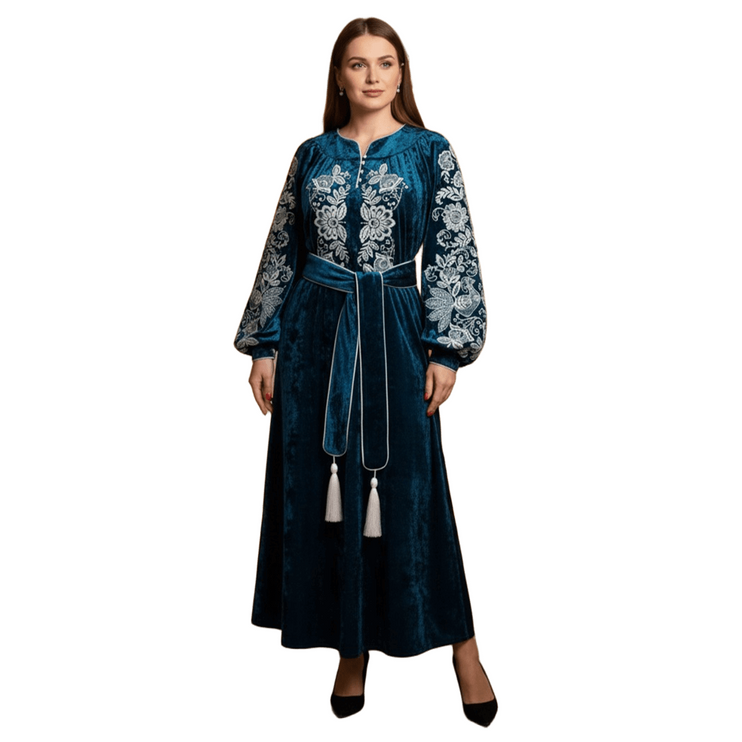 Teal Velvet Vyshyvanka Dress with White Embroidery
