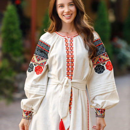 Traditional Ukrainian embroidered linen dress with snap buttons
