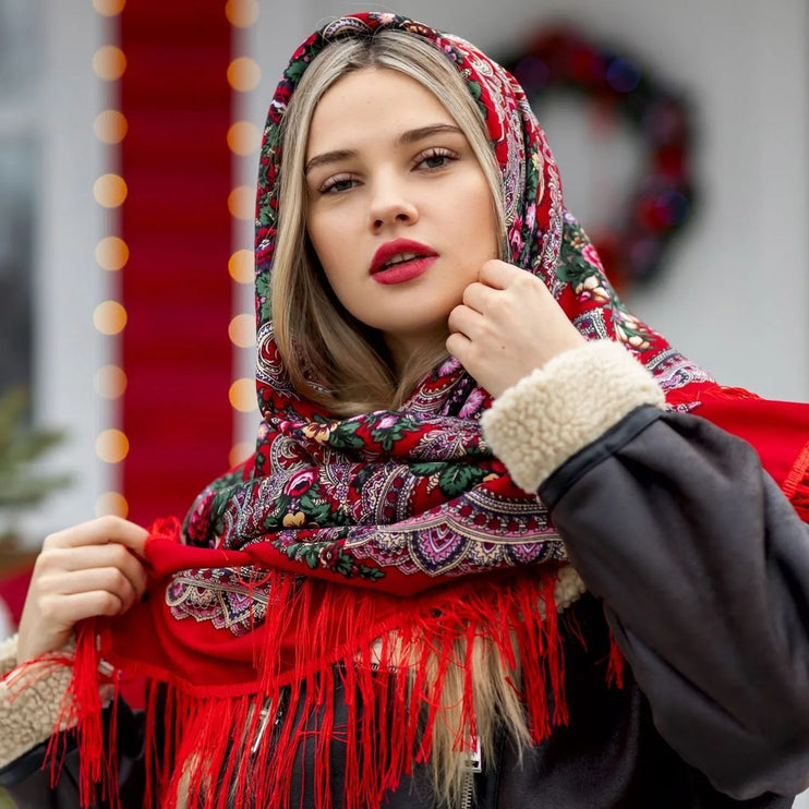 Traditional shawl with flowers and fringe