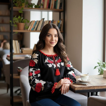 Ukrainian Black Vyshyvanka with Red Viburnum (Kalyna) Embroidery