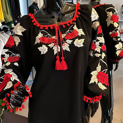 Ukrainian Black Vyshyvanka with Red Viburnum (Kalyna) Embroidery