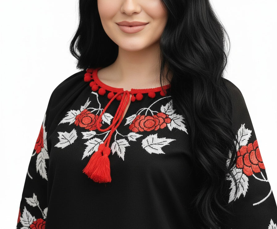 Ukrainian Black Vyshyvanka with Red Viburnum (Kalyna) Embroidery