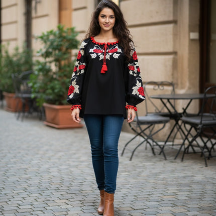 Ukrainian Black Vyshyvanka with Red Viburnum (Kalyna) Embroidery