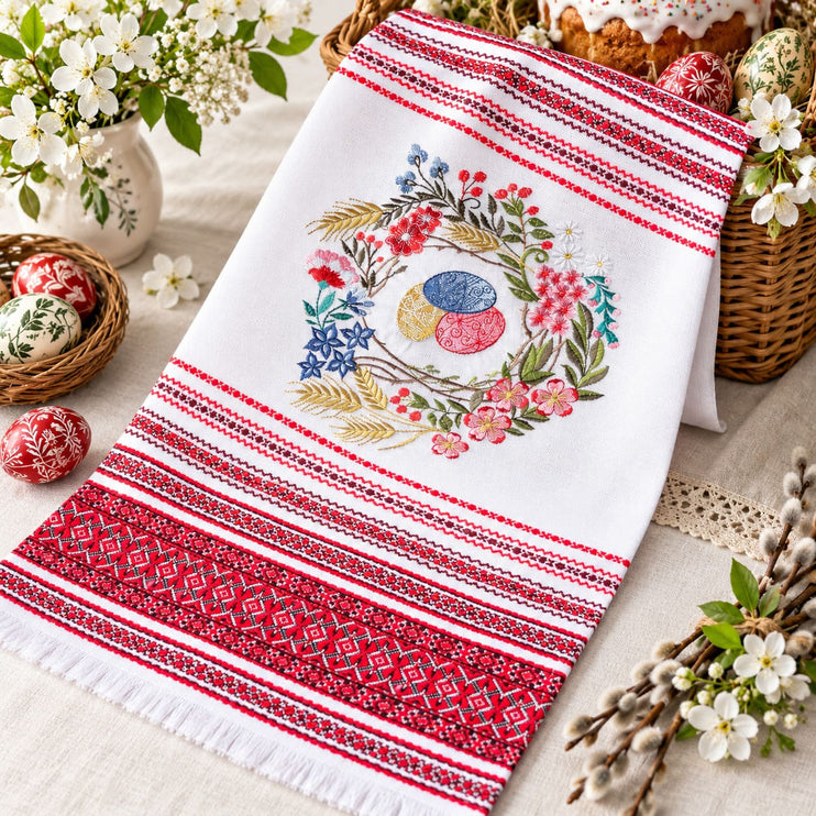 Ukrainian Easter Rushnyk – Traditional Embroidered Basket Towel