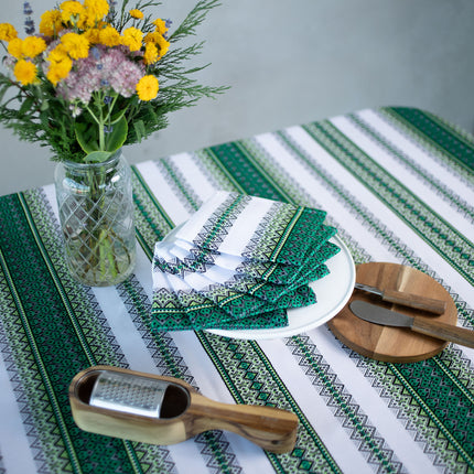 Ukrainian Embroidered Green Tablecloth Set with 6 Napkins