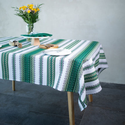 Ukrainian Embroidered Green Tablecloth Set with 6 Napkins