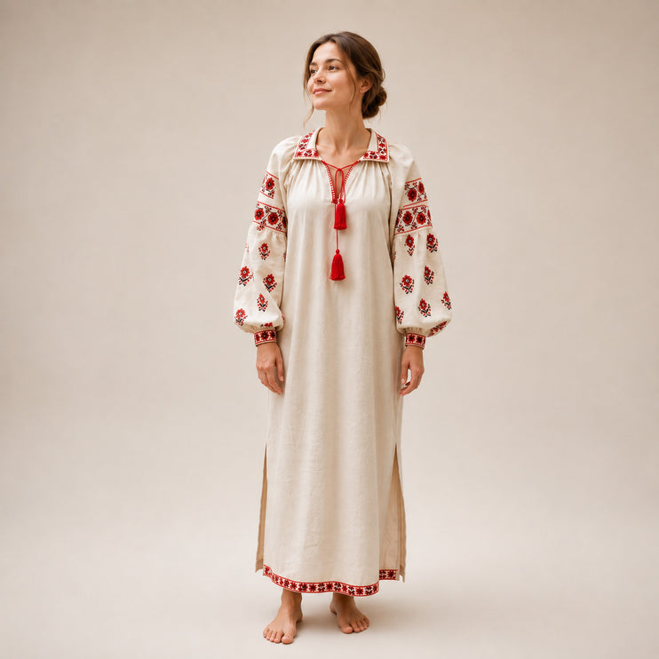 Ukrainian Embroidered Linen Dress – Traditional Vyshyvanka Maxi Dress