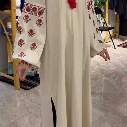 Ukrainian Embroidered Linen Dress – Traditional Vyshyvanka Maxi Dress