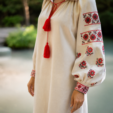 Ukrainian Embroidered Linen Dress – Traditional Vyshyvanka Maxi Dress