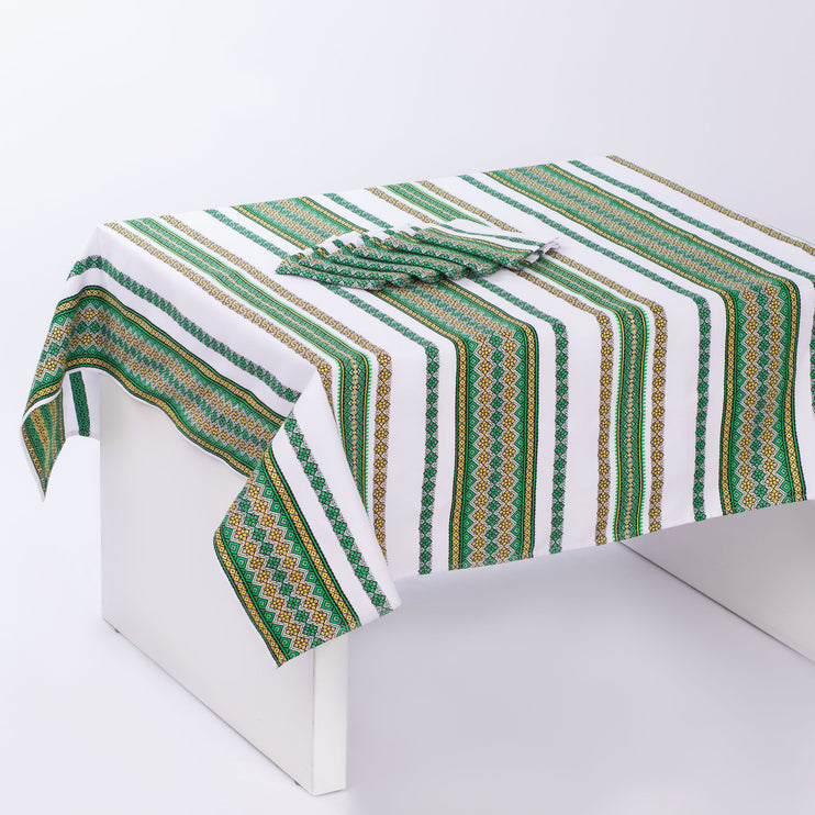 Ukrainian Embroidered Table Set – Green Tablecloth with 6 Napkins