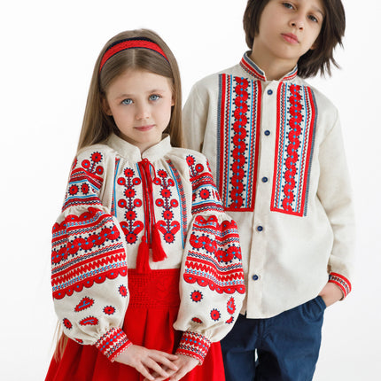 Boys Ukrainian Linen Vyshyvanka Shirt with Red Embroidery