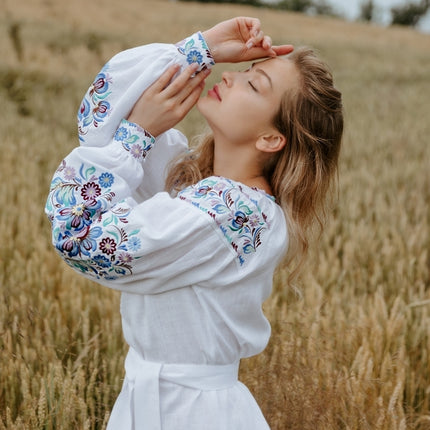 Ukrainian Embroidered White Linen Dress for Women