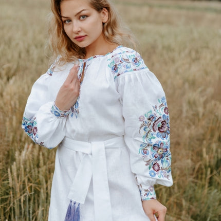 Ukrainian Embroidered White Linen Dress for Women