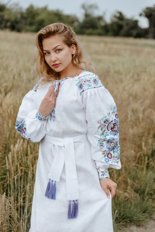 Ukrainian Embroidered White Linen Dress for Women