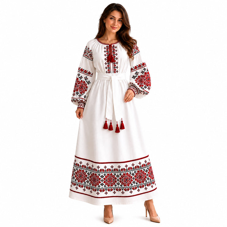 Ukrainian Embroidered White Maxi Dress for Women