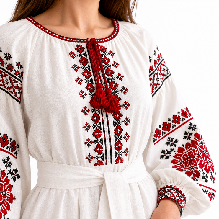 Ukrainian Embroidered White Maxi Dress for Women