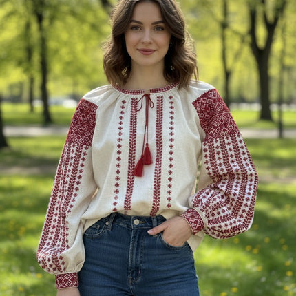 Ukrainian Linen Vyshyvanka with Red Embroidery