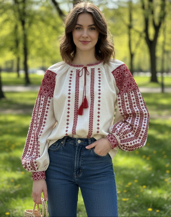Ukrainian Linen Vyshyvanka with Red Embroidery