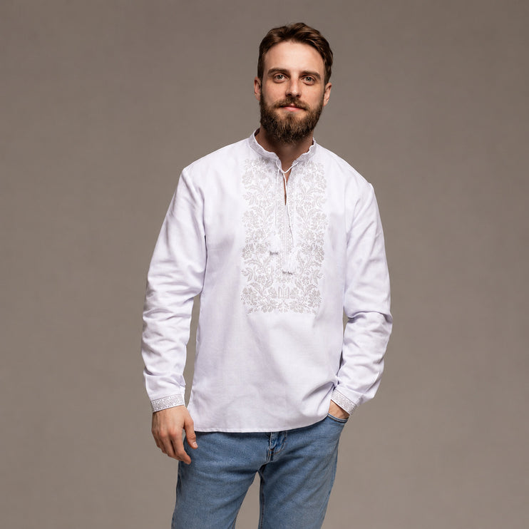 Ukrainian Men’s White Embroidered Shirt with Gray Embroidery