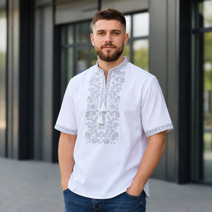 Ukrainian Men’s White Embroidered Shirt with Gray Embroidery