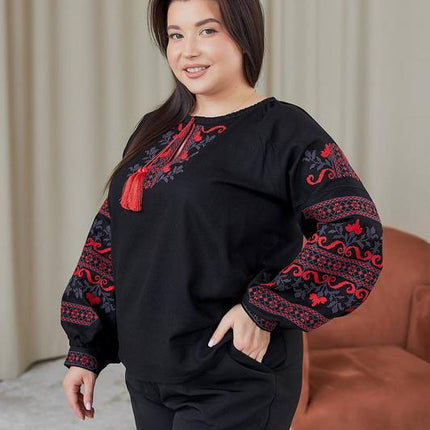 Ukrainian Vyshyvanka Blouse – Red & Black Geometric Design